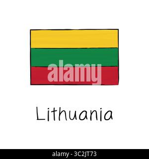 Lithuania flag with outline and signature isolated on a white background. Hand drawn color vector illustration in sketch style. Stock Vector