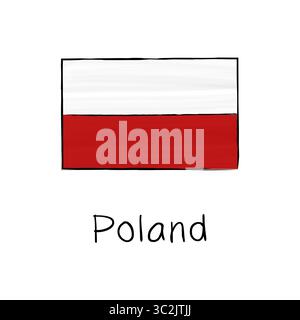 Poland flag with outline and signature isolated on a white background. Hand drawn color vector illustration in sketch style. Stock Vector