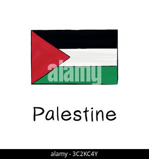 Flag of Palestine with outline and signature on a white background. Hand-drawn vector illustration in sketch style. Ideal for educational materials, p Stock Vector
