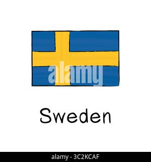 Flag of Sweden with outline and signature on a white background. Hand-drawn vector illustration in sketch style. Isolated image, perfect for posters, Stock Vector