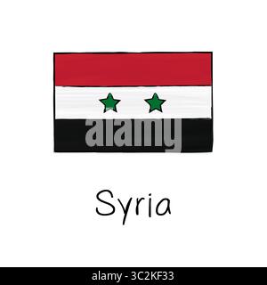 Syria flag with outline and signature isolated on a white background. Hand drawn color vector illustration in sketch style. Stock Vector