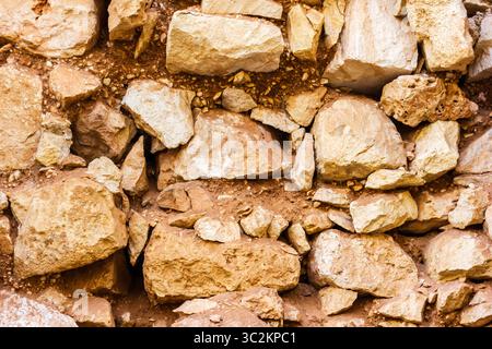 Close-Up of Natural Stone Wall with Uneven Rocks and Clay Texture Stock Photo