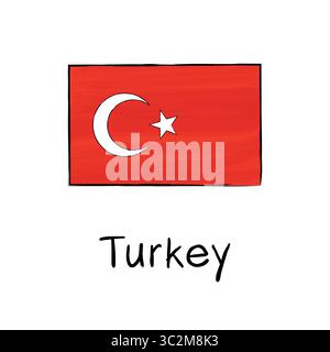 Flag of Turkey with outline and signature on a white background. Hand-drawn vector illustration in sketch style. Isolated image, perfect for posters, Stock Vector