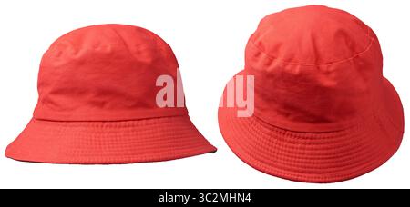set of bright red bucket hat isolated white background, classic hat made of lightweight fabric with simple plain design, mock-up template in different Stock Photo