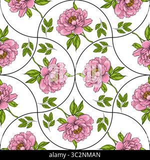 A vector seamless floral pattern featuring pink peonies and green leaves on a white background. The design is symmetrical with circular frames around Stock Vector