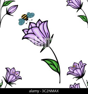 A vector seamless pattern featuring purple bellbellflowers and a blue bee on a white background. The bellbellflowers have green leaves and are illustr Stock Vector