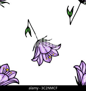A vector seamless pattern featuring delicate purple bellbellflowers with green leaves on a white background. The bellbellflowers have a bell shape and Stock Vector