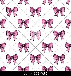 A vectors seamless pattern featuring pink bows on a white background, arranged in a grid layout. The bows are illustrated with a simple, cartoonish st Stock Vector