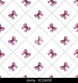 A vectors seamless pattern featuring pink bows on a white background, arranged in a grid layout. The bows are illustrated with a simple and elegant de Stock Vector