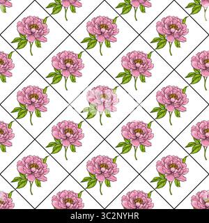 A vector seamless pattern featuring pink peony flowers with green leaves arranged in a diamond grid on a white background. Stock Vector