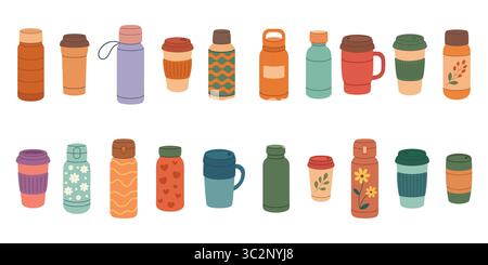 Set of travel thermos mugs. Thermoses, reusable cups, cups for hot drinks. Travel camping equipment. Vector illustration in flat style. Stock Vector