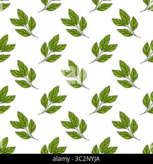 A vector seamless pattern featuring various green leaves on a white background. The leaves are illustrated in different shapes and sizes, creating a f Stock Vector