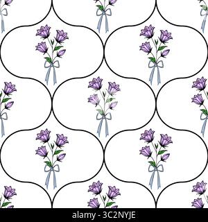 A vector seamless pattern featuring delicate purple bellbellflowers tied with blue ribbons on a white background. The bellbellflowers are arranged in Stock Vector