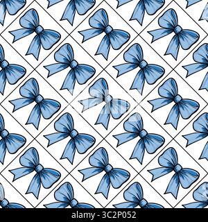 A vectors seamless pattern featuring blue bows on a white background, arranged in a grid layout. The bows are illustrated with a simple, clean design, Stock Vector