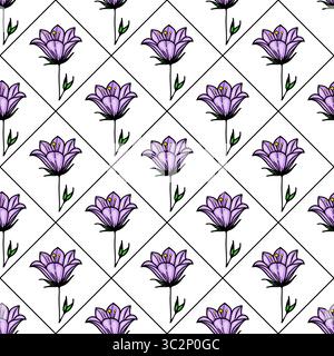 A vector seamless pattern featuring purple bellbellflowers with green leaves, arranged in a diamond grid on a white background. Stock Vector