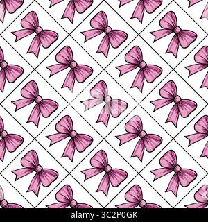 A vectors seamless pattern featuring pink bows on a white background, arranged in a grid layout. The bows are outlined and have a glossy appearance, c Stock Vector