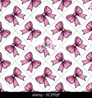 A vectors seamless pattern featuring pink bows on a white background. The bows are illustrated with a black outline, creating a playful and cheerful d Stock Vector