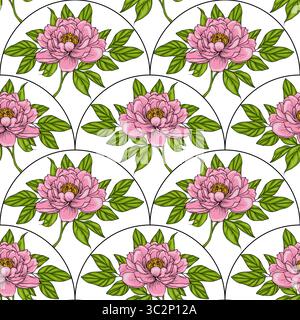 A vector seamless floral pattern featuring pink peonies with green leaves on a white background, arranged in a repeating design. Stock Vector