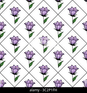 A vector seamless pattern featuring purple bellbellflowers with green leaves arranged in a diamond grid on a white background. Stock Vector