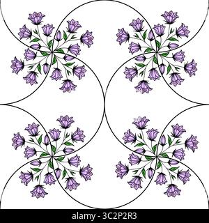 A symmetrical vector floral pattern featuring clusters of purple bellbellflowers arranged in a circular design. The background is white, enhancing the Stock Vector