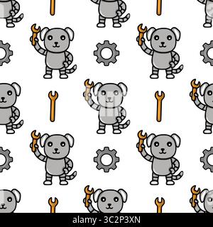 Seamless vector pattern featuring adorable grey robotic dogs holding wrenches, accompanied by gears, creating a playful and technological design ideal Stock Vector