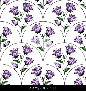 A vector seamless pattern featuring delicate purple bellbellflowers with green leaves, arranged in a fan-like design on a white background. Stock Vector