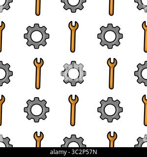 Seamless vector pattern with cartoon style wrenches and gears, perfect for industrial design or mechanical projects, featuring a playful orange and gr Stock Vector