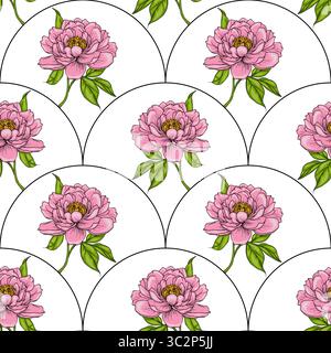 A vector seamless pattern featuring pink peony flowers with green leaves on a white background, arranged in a circular design. Stock Vector