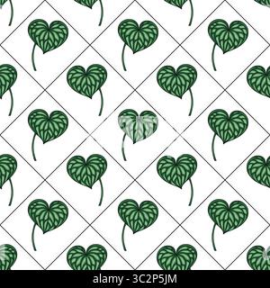 Seamless vector pattern of heart-shaped leaves in a diamond grid, featuring detailed vein textures and rich emerald green hues, ideal for textile prin Stock Vector
