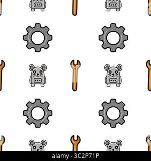 Seamless vector pattern featuring cute robot mice, cogwheels, and wrenches in a playful, cartoon style, perfect for kids products or tech-themed desig Stock Vector