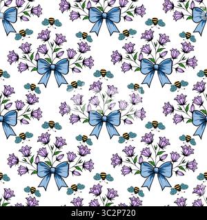 A vector seamless pattern featuring clusters of purple bellbellflowers tied with blue bows, accompanied by small blue butterflies and brown striped be Stock Vector