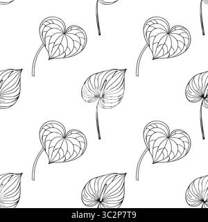 Seamless vector pattern of stylized Anthurium leaves in black and white, featuring a mix of heart-shaped and elongated leaf forms for elegant design a Stock Vector