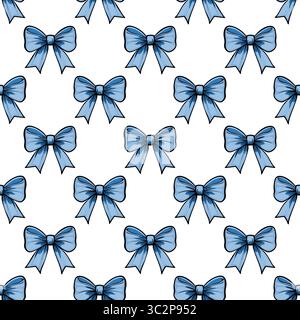 A vectors seamless pattern featuring multiple blue bows on a white background, arranged in a grid layout. The bows are illustrated with a glossy finis Stock Vector