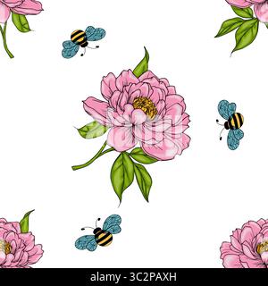 A vector seamless pattern featuring pink peonies and blue bees with yellow stripes on a white background. The flowers are detailed and vibrant, creati Stock Vector