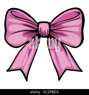 A vectors vibrant pink bow with a glossy finish, featuring wide loops and long tails. The bow is illustrated with bold outlines, giving it a playful a Stock Vector