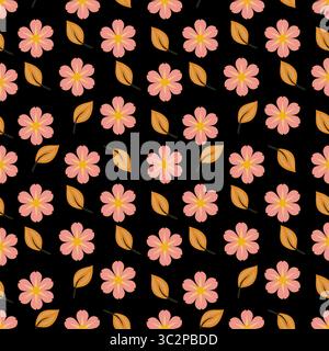 A vector seamless pattern featuring pink flowers and orange leaves on a black background. The design is vibrant and suitable for textiles, wallpapers, Stock Vector