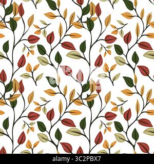 Seamless vector pattern with autumn leaves in red, yellow, and green on a white background. Stock Vector