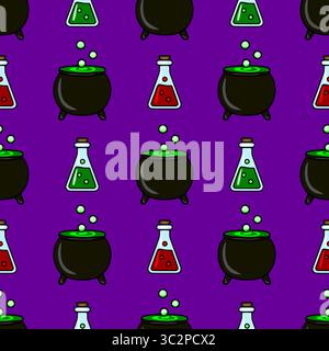 Seamless vector Halloween pattern with cartoon cauldrons, bubbling potions, and conical flasks, featuring vibrant green and red liquids against a deep Stock Vector