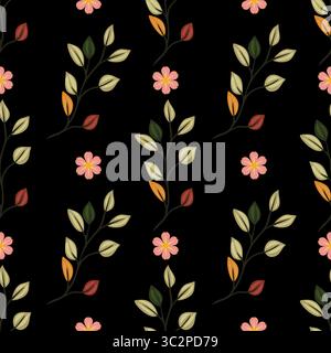 A vector seamless floral pattern featuring delicate flowers and leaves on a black background. The design includes pink flowers, green leaves, and autu Stock Vector