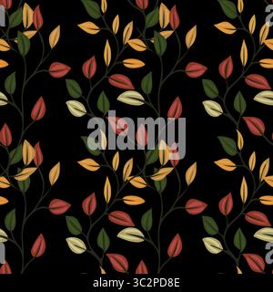 A seamless vector pattern featuring stylized leaves in various colors including red, yellow, green, and cream, set against a black background. The des Stock Vector