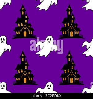 Seamless vector Halloween pattern with cute ghosts and spooky houses on a vibrant purple background, perfect for festive designs and decorations. Stock Vector