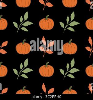 A vector seamless pattern featuring orange pumpkins and green leaves on a black background, perfect for autumn-themed designs. Stock Vector