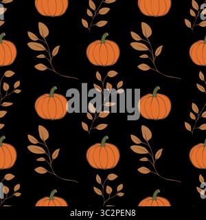 A vector seamless pattern featuring orange pumpkins and brown leaves on a black background, ideal for autumn-themed designs. Stock Vector