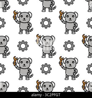 Seamless vector pattern featuring cute robotic dogs holding wrenches and gears, a playful design perfect for kids products or tech-themed projects. Stock Vector
