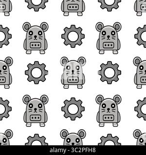 Seamless vector pattern featuring cute robotic mice and gear wheels, designed in grayscale for a playful yet technological aesthetic. Stock Vector