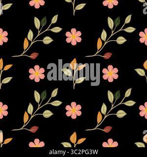 A vector seamless floral pattern featuring pink flowers and green leaves on a black background. The design includes various leaves in shades of green Stock Vector