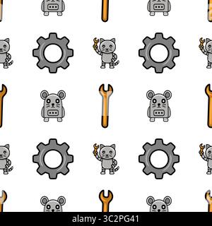 Seamless vector pattern featuring cute robotic cats and mice holding wrenches, alongside cogwheels, creating a playful and charming mechanical design Stock Vector