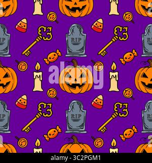 Seamless vector Halloween pattern with cute pumpkins, candy, tombstones, keys, and candles on a vibrant purple background, perfect for festive designs Stock Vector