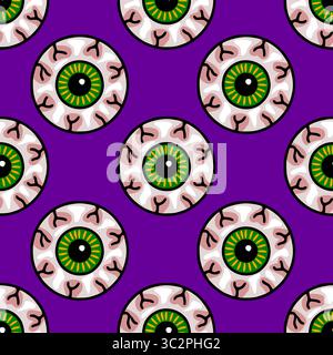 Seamless vector pattern of stylized spooky eyeballs with green irises and pink veins on a purple background, perfect for Halloween designs. Stock Vector