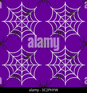 Seamless vector pattern of Halloween cobwebs and spiders on a deep purple background, featuring detailed spider illustrations and geometric web design Stock Vector